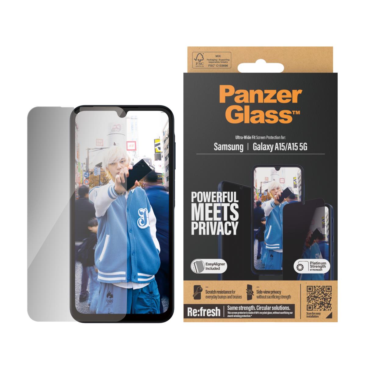 Privacy Screen Protector - Ultra-wide Fit Glass - Clear - For Samsung Galaxy A15