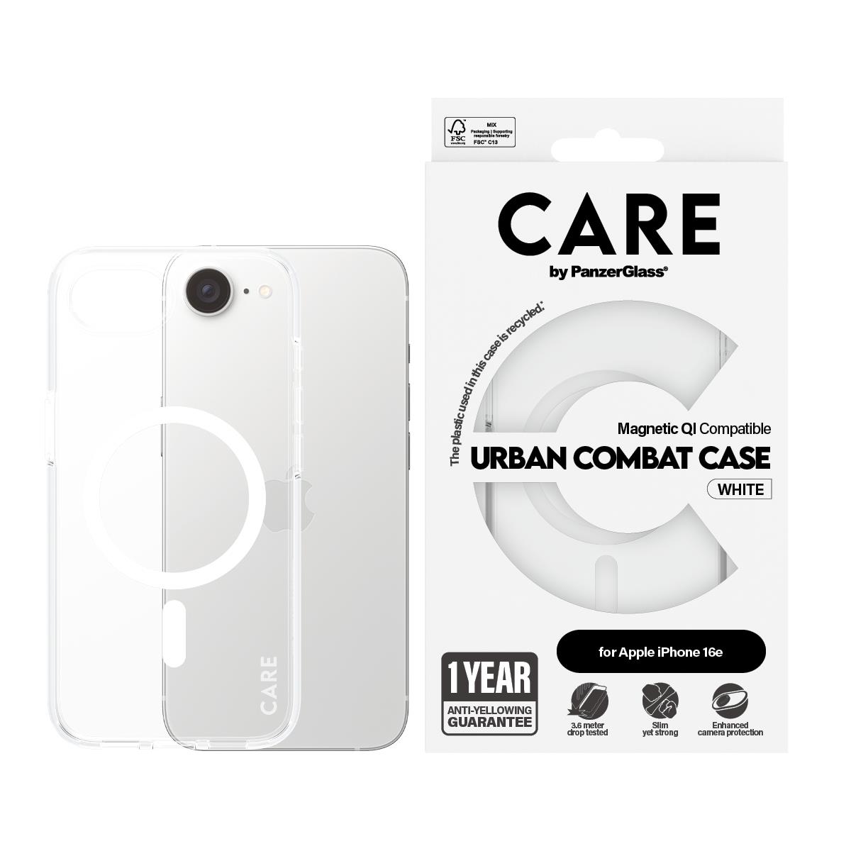 CARE by PanzerGlass Flagship Case Transparent Urban Combat w. White MagSafe iPhone 16e
