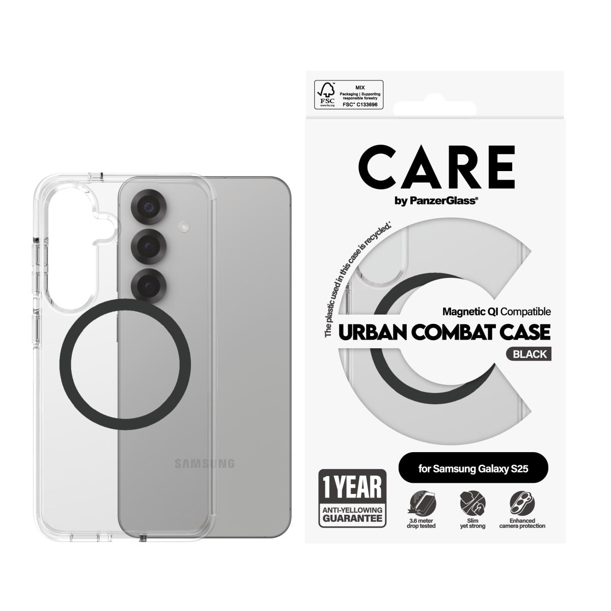 CARE by PanzerGlass Flagship Case Transparent Urban Combat with Black QI Compatible Samsung S25