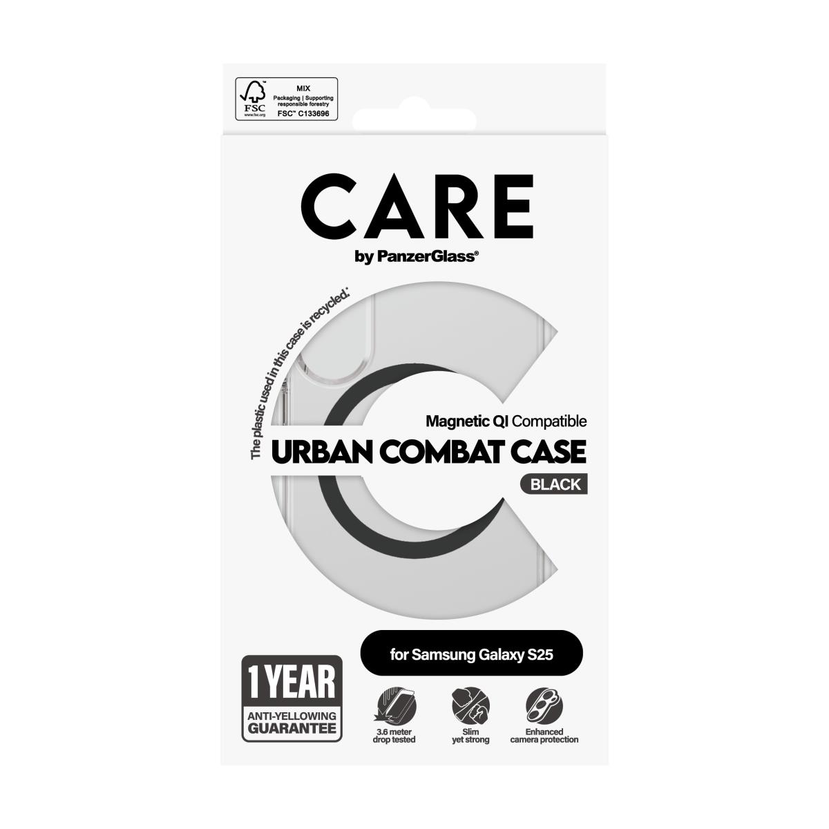 CARE by PanzerGlass Flagship Case Transparent Urban Combat with Black QI Compatible Samsung S25