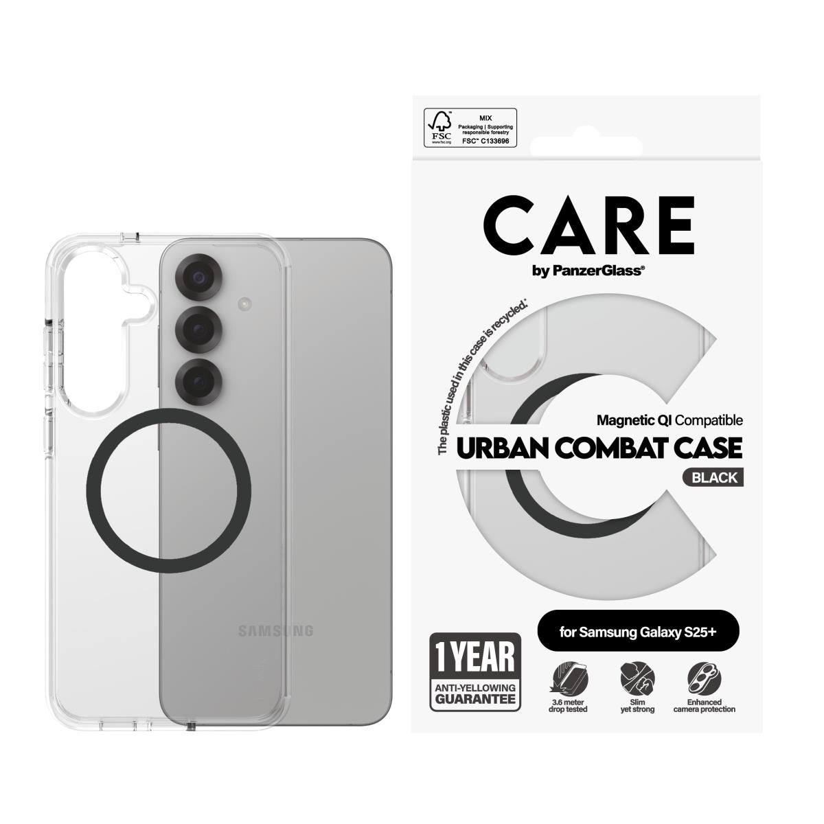 CARE by PanzerGlass Flagship Case Transparent Urban Combat with Black QI Compatible Samsung S25 Plus