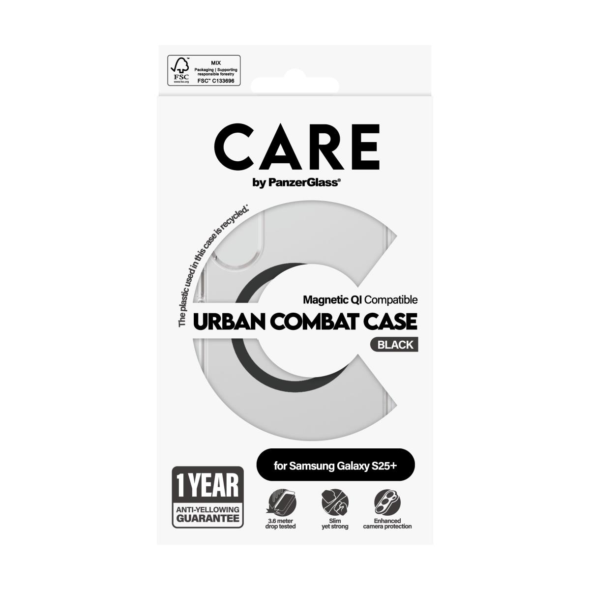 CARE by PanzerGlass Flagship Case Transparent Urban Combat with Black QI Compatible Samsung S25 Plus