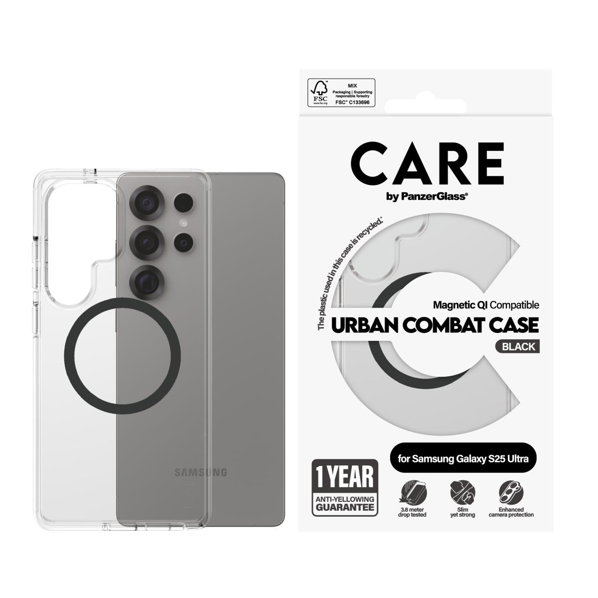 CARE by PanzerGlass Flagship Case Transparent Urban Combat with Black QI Compatible Samsung S25 Ultr