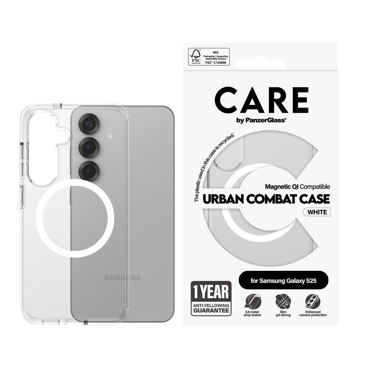 CARE by PanzerGlass Flagship Case Transparent Urban Combat with White QI Compatible Samsung S25