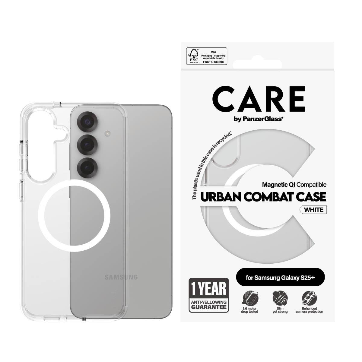 CARE by PanzerGlass Flagship Case Transparent Urban Combat with White QI Compatible Samsung S25 Plus
