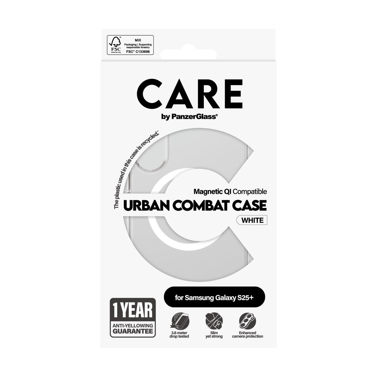 CARE by PanzerGlass Flagship Case Transparent Urban Combat with White QI Compatible Samsung S25 Plus