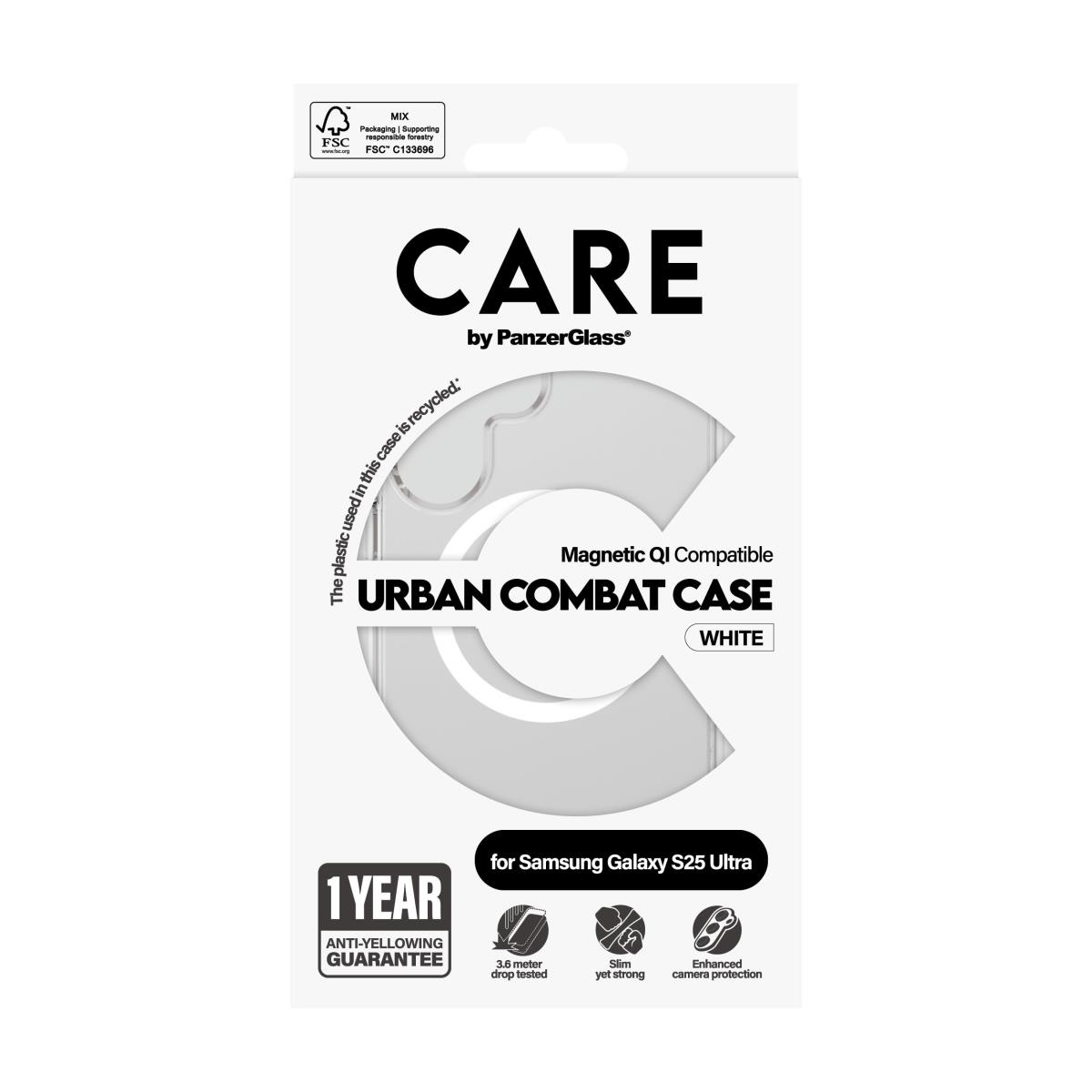 CARE by PanzerGlass Flagship Case Transparent Urban Combat with White QI Compatible Samsung S25 Ultr