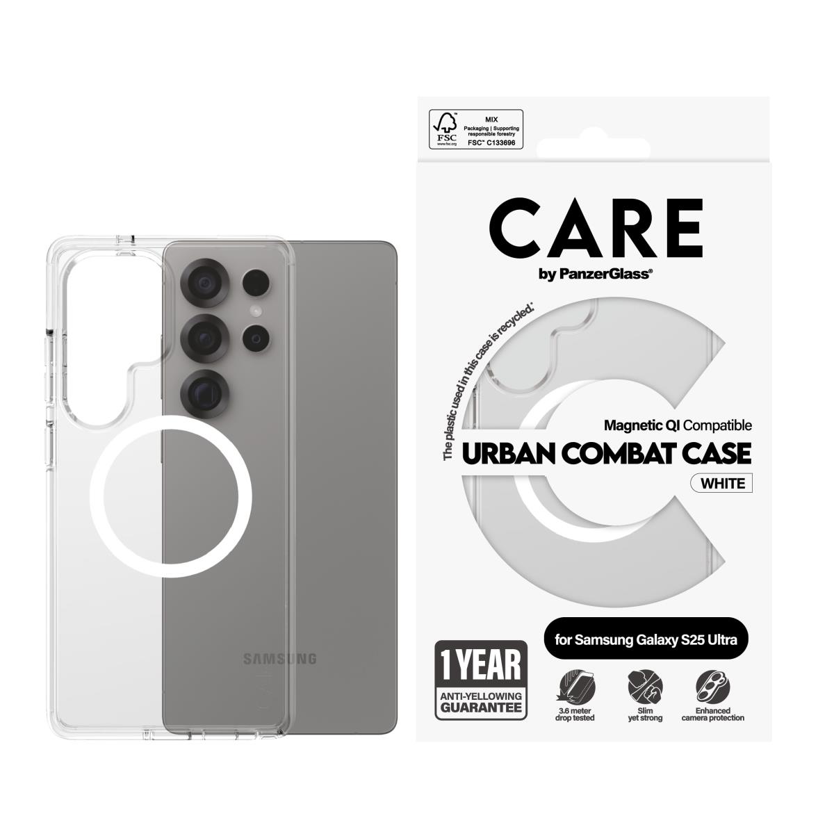 CARE by PanzerGlass Flagship Case Transparent Urban Combat with White QI Compatible Samsung S25 Ultr