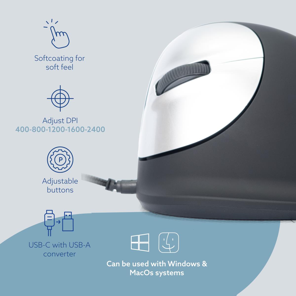 He Ergonomic Mouse - Left Handed - Large - Wired