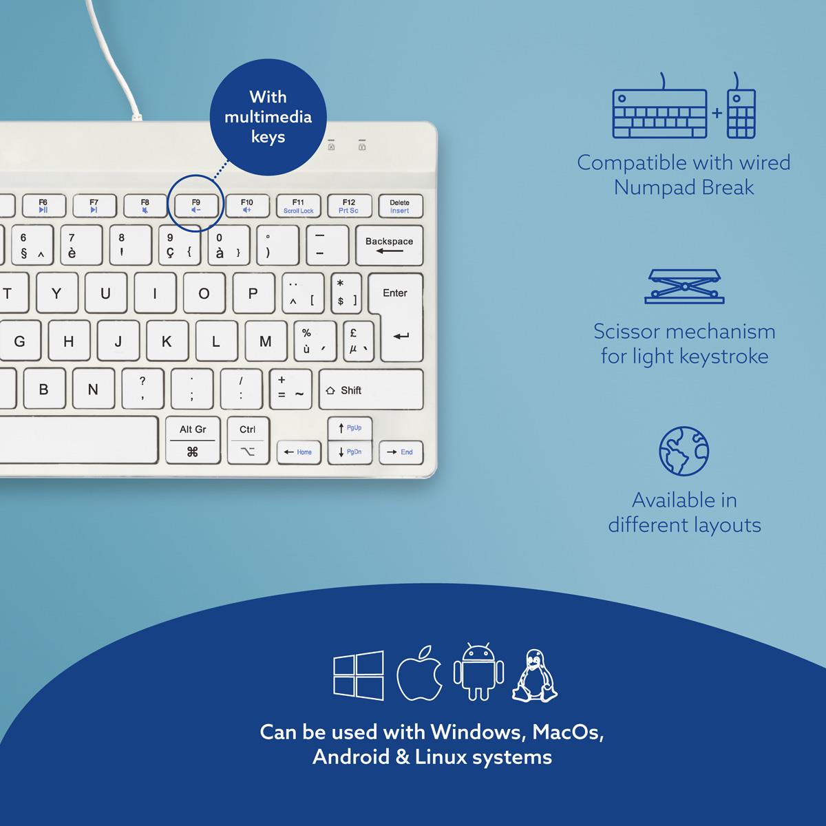Compact Break ergonomic - Keyboard - Wired - White - Azerty Belgian