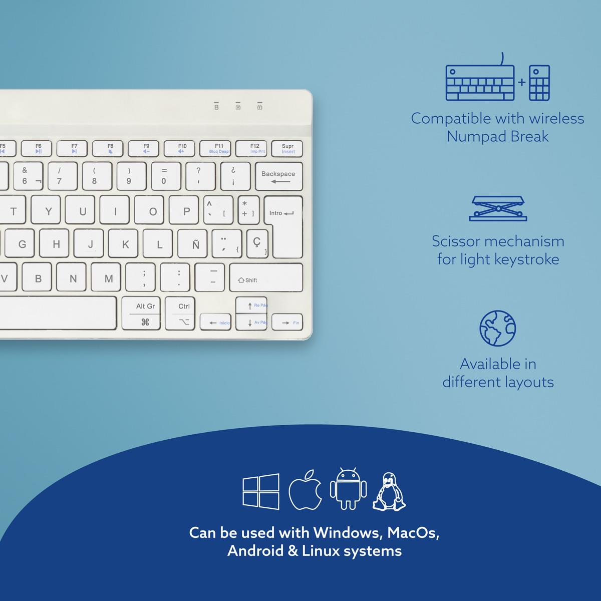 Compact Break Ergonomic - Keyboard - Wireless - White - Qwerty Es