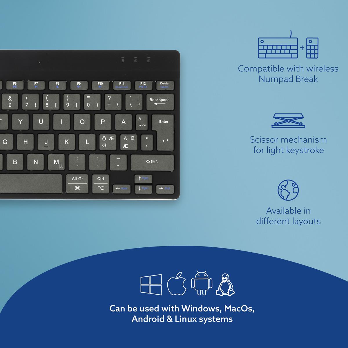 Compact Break Ergonomic - Keyboard - Wireless - Black - Qwerty Nordic