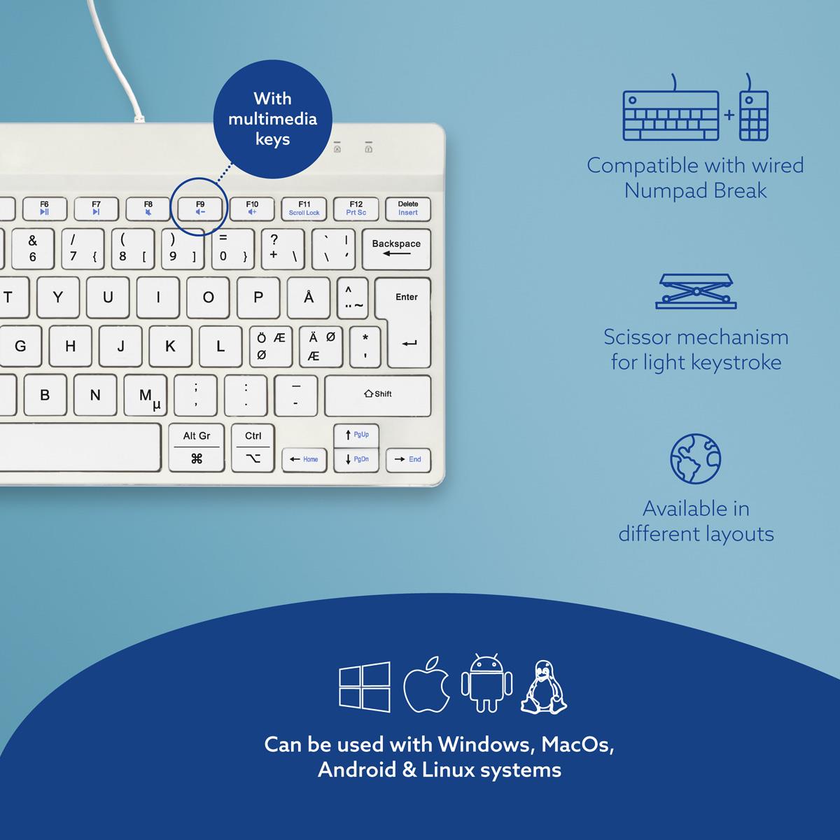 Compact Break Ergonomic - Keyboard - Wired - White - Qwerty Nordic