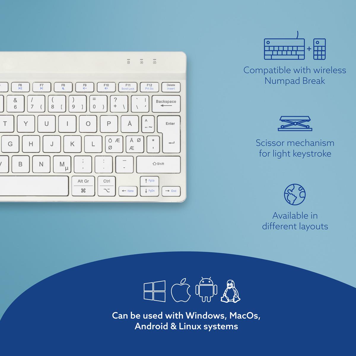 Compact Break Ergonomic - Keyboard - Wireless - White - Qwerty Nordic