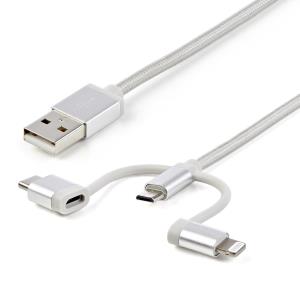 Braided Multi-charger Cable - USB-a To Lightning/ USB-c/micro-b - Silver Grey - 1m