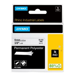 Tape - Black On White - 9mm X 5.5m - Permanent Polyester