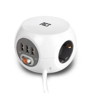 Power Socket Cube (PDU) with 3 Sockets Type F 3 USB-A Ports 1.5m
